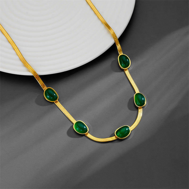 Wholesale Titanium Steel Vintage Emerald Flat Snake Chain Necklace