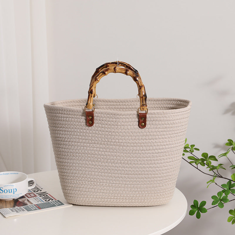 Wholesale Bamboo-like French Retro Straw Bag Portable Striped Large-capacity Cotton Woven Bag