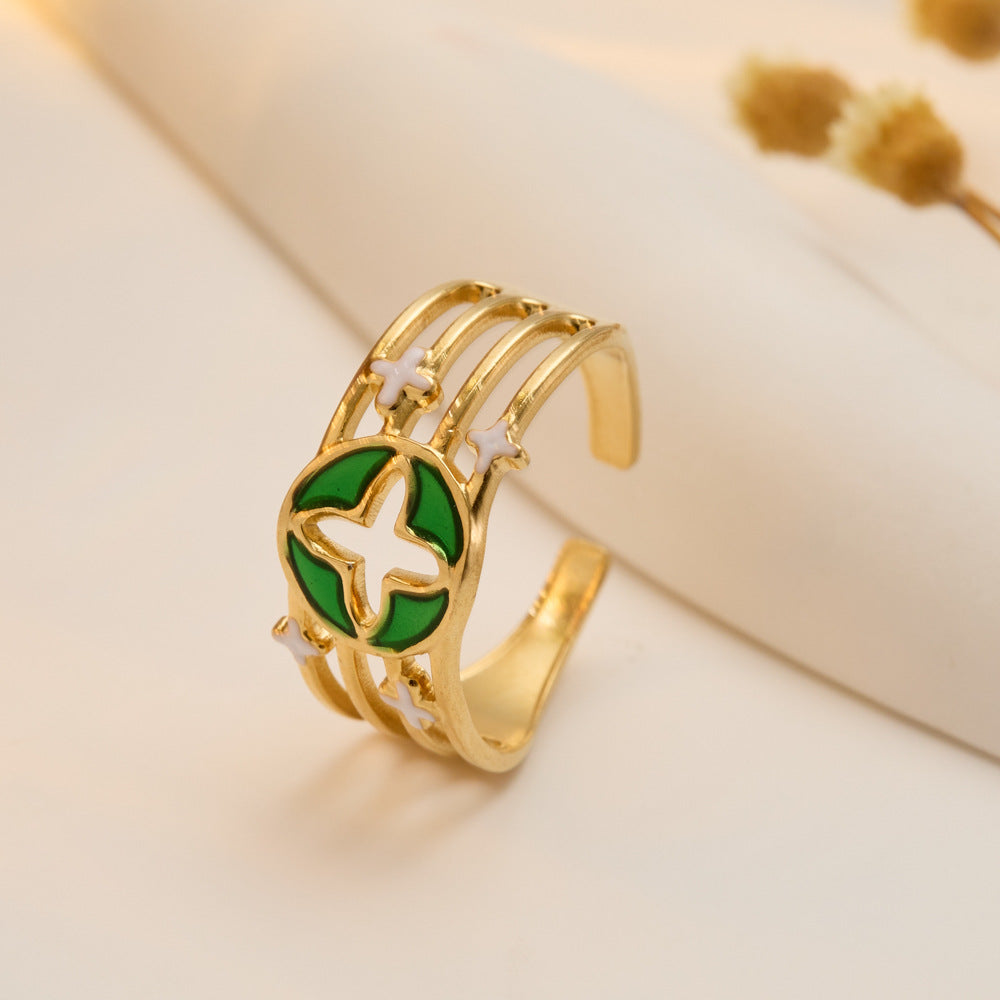 Wholesale Stainless Steel Gold Opening Four-leaf Clover Hollow Ring