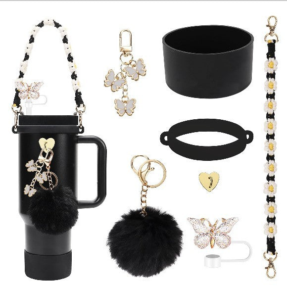 Wholesale Straw hat cup set cup chain colorful begonia flower key chain set