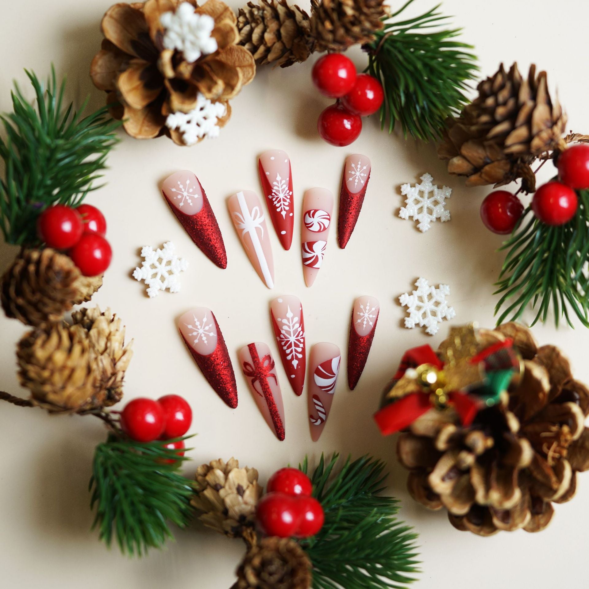 Wholesale Christmas Carol Fake Nails Long Pointed Wearable Nail Tips