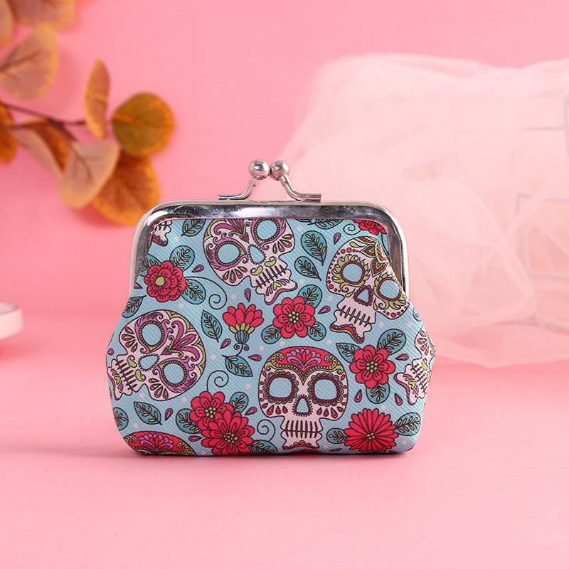 Wholesale Leather skull print iron buckle coin purse