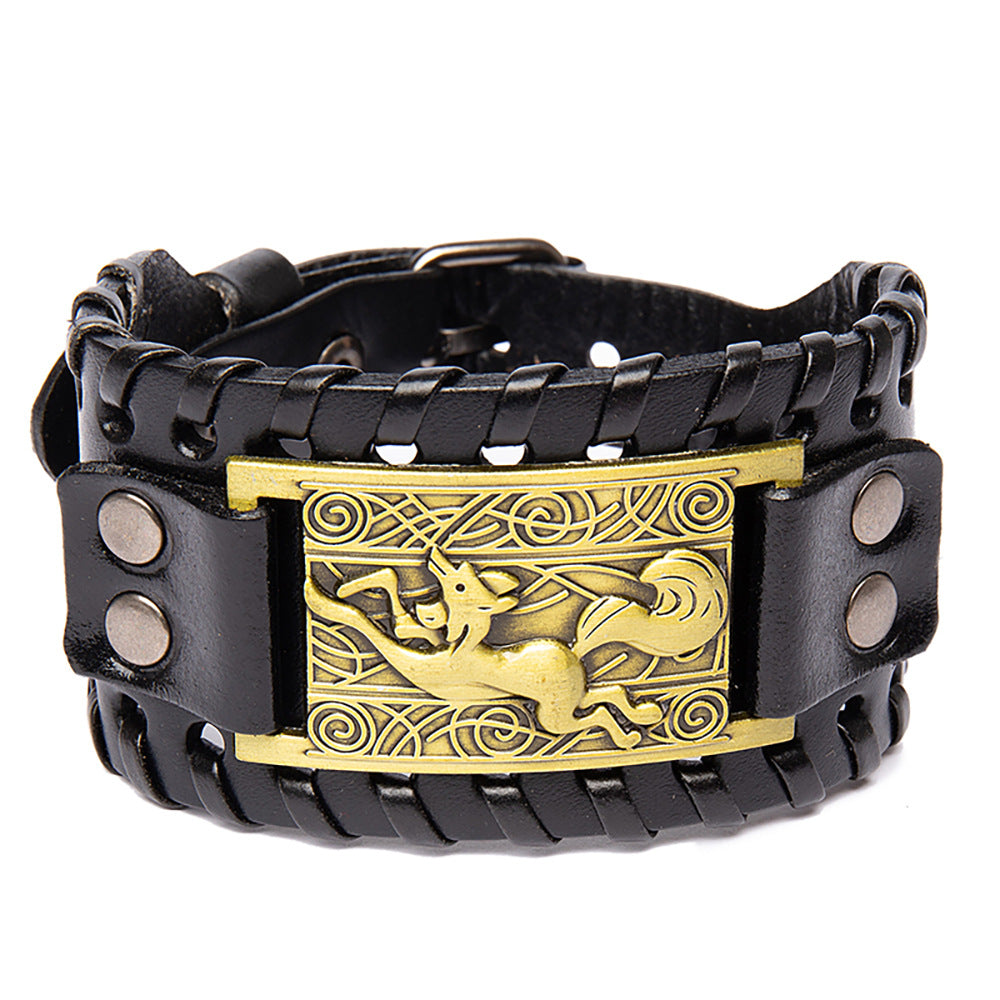 Wholesale Men's Alloy Fox Wide Leather Braided Bracelet