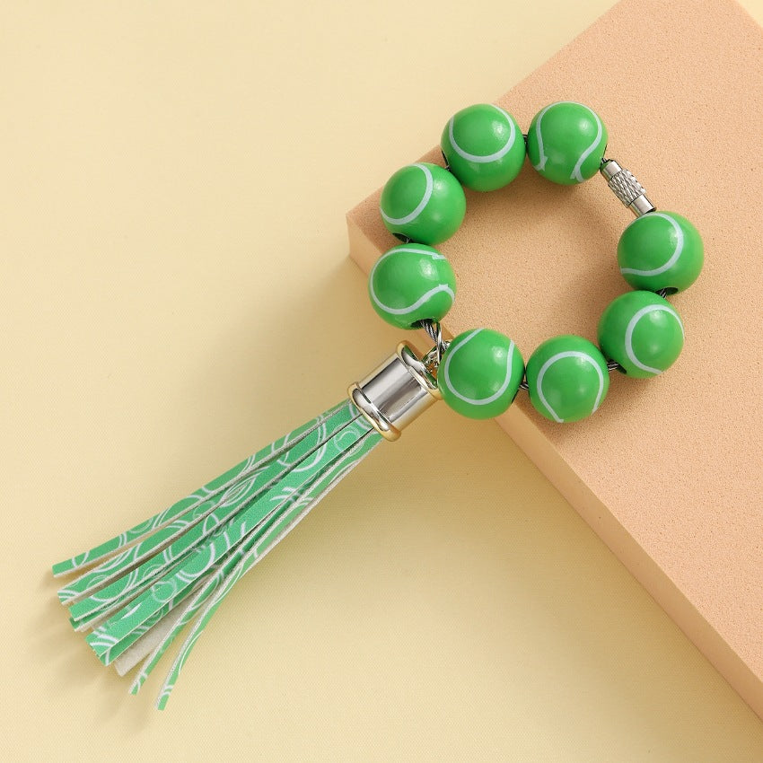 Wholesale Football Wooden Bead Bracelet Wrist Tassel Keychain
