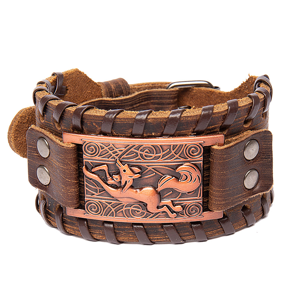 Wholesale Men's Alloy Fox Wide Leather Braided Bracelet