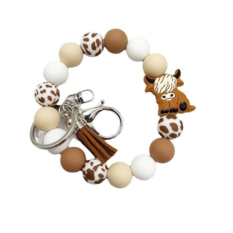 Wholesale Cartoon Small Animal Yak Silicone Beaded Bracelet Short Tassel Keychain