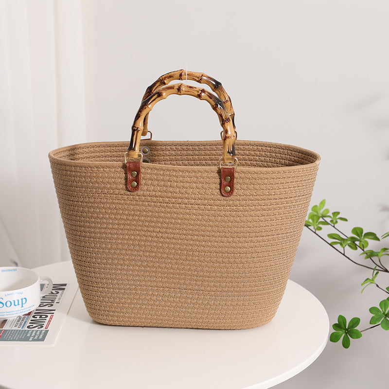 Wholesale Bamboo-like French Retro Straw Bag Portable Striped Large-capacity Cotton Woven Bag