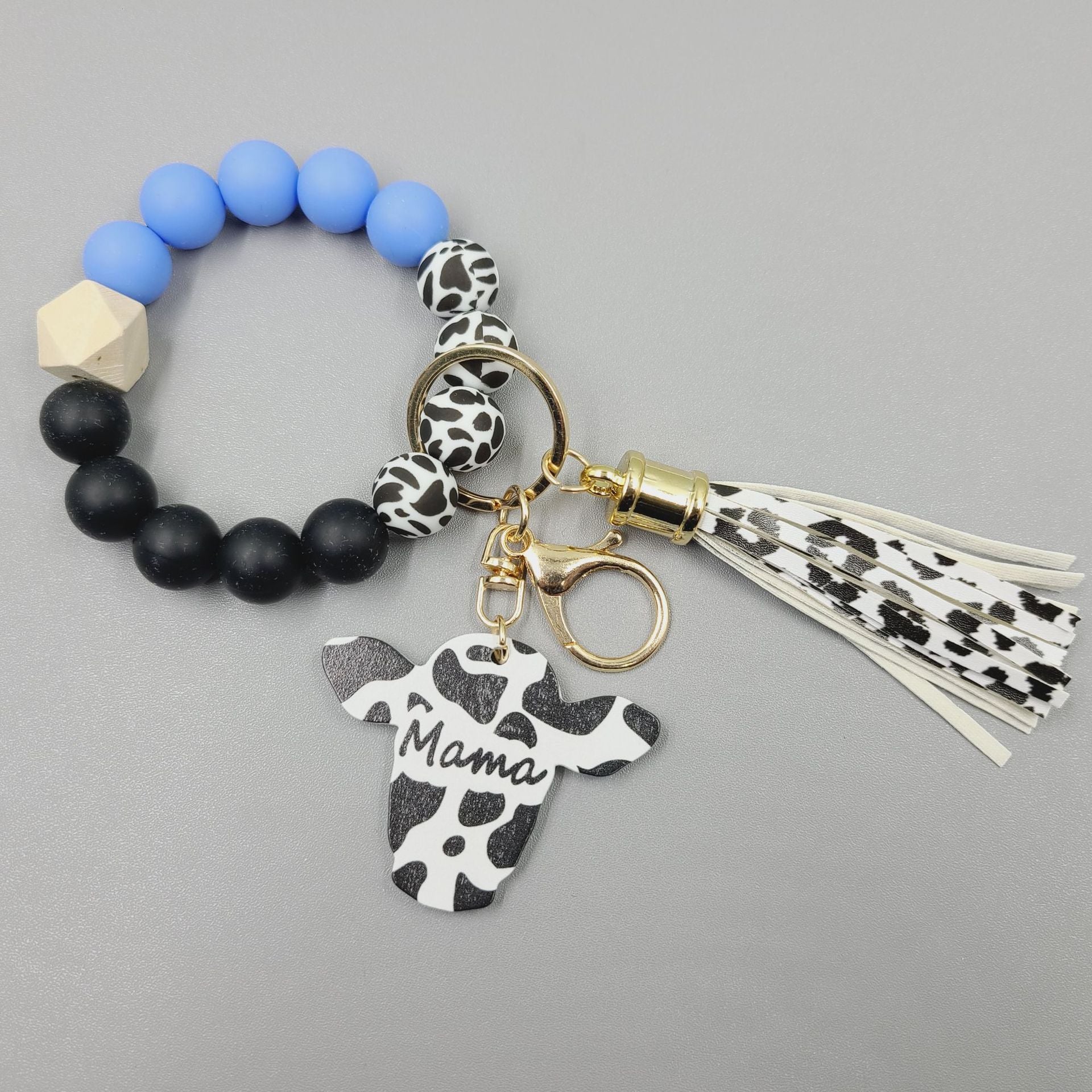 Wholesale Western Style Wood Chips MAMA Bull Head Silicone Beads Bracelet Keychain