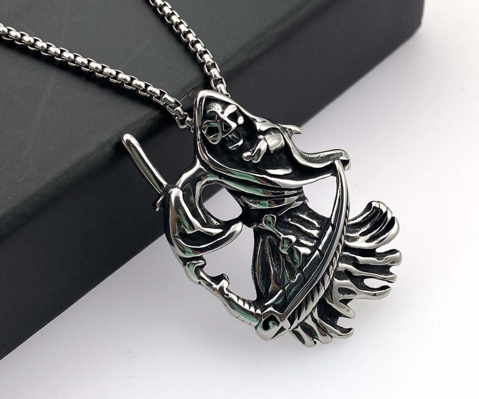 Wholesale  Vintage Sweater Chain Grim Reaper' s Scythe Skull Stainless Steel Pendant Necklace