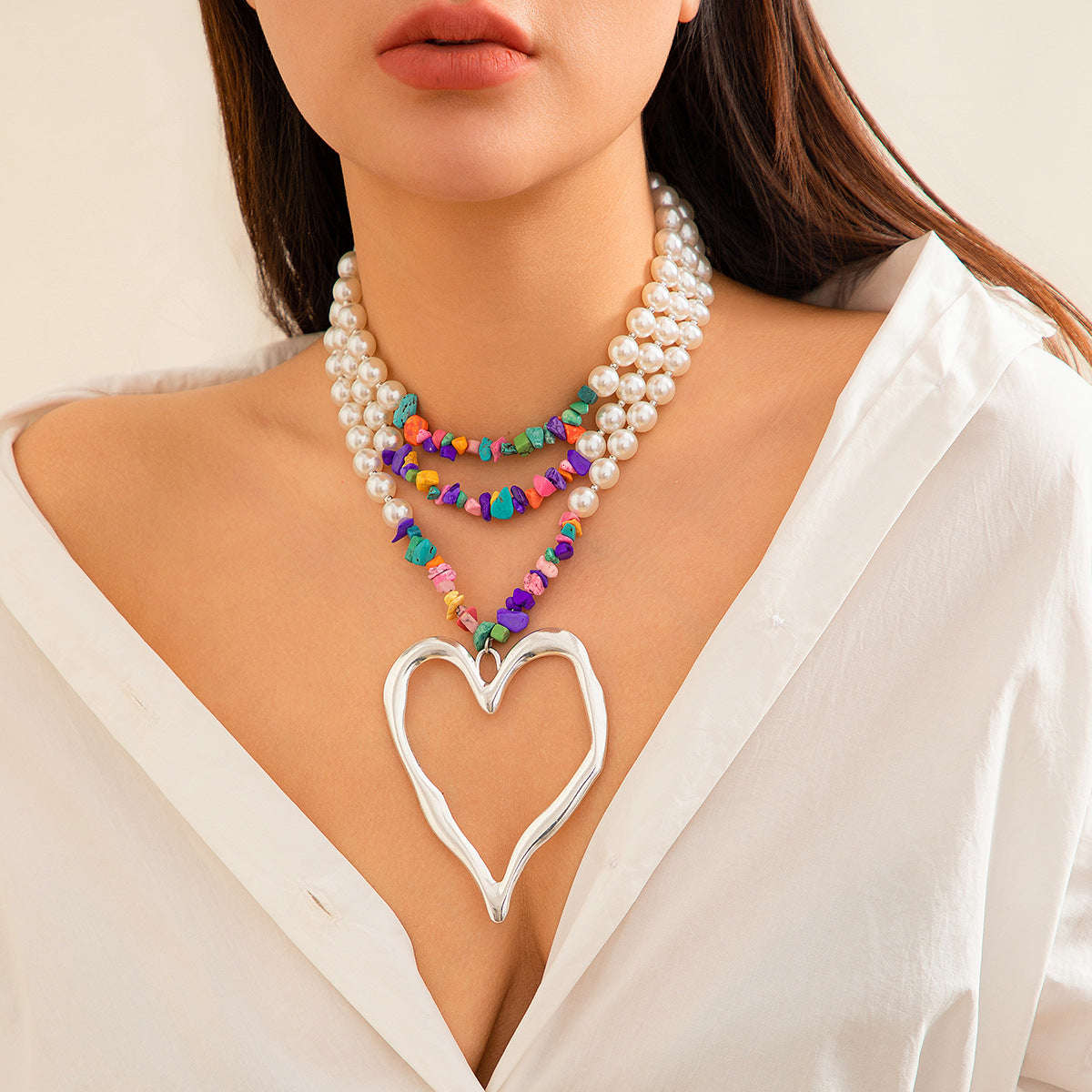 Wholesale Beaded Imitation Pearl Vintage Big Heart Turquoise Alloy Necklace