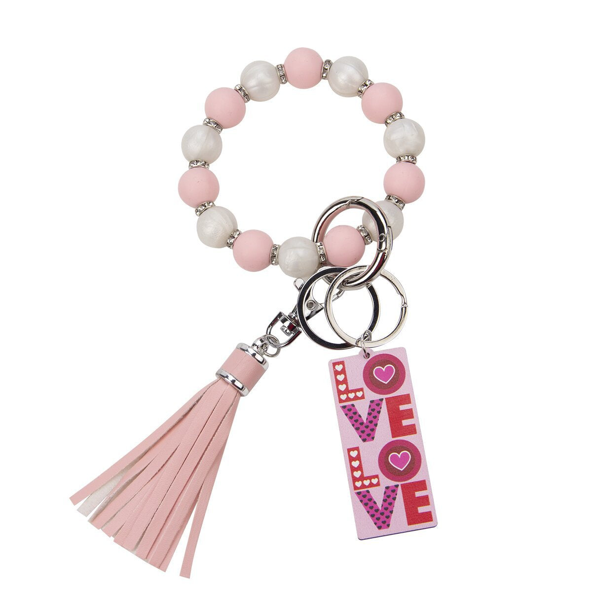 Wholesale Valentine's Day LOVE Colorful Love Wood Silicone Beaded Wrist Keychain