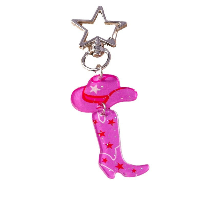 Wholesale Cartoon Pink Western Cowboy Hats and Boots Acrylic Keychain