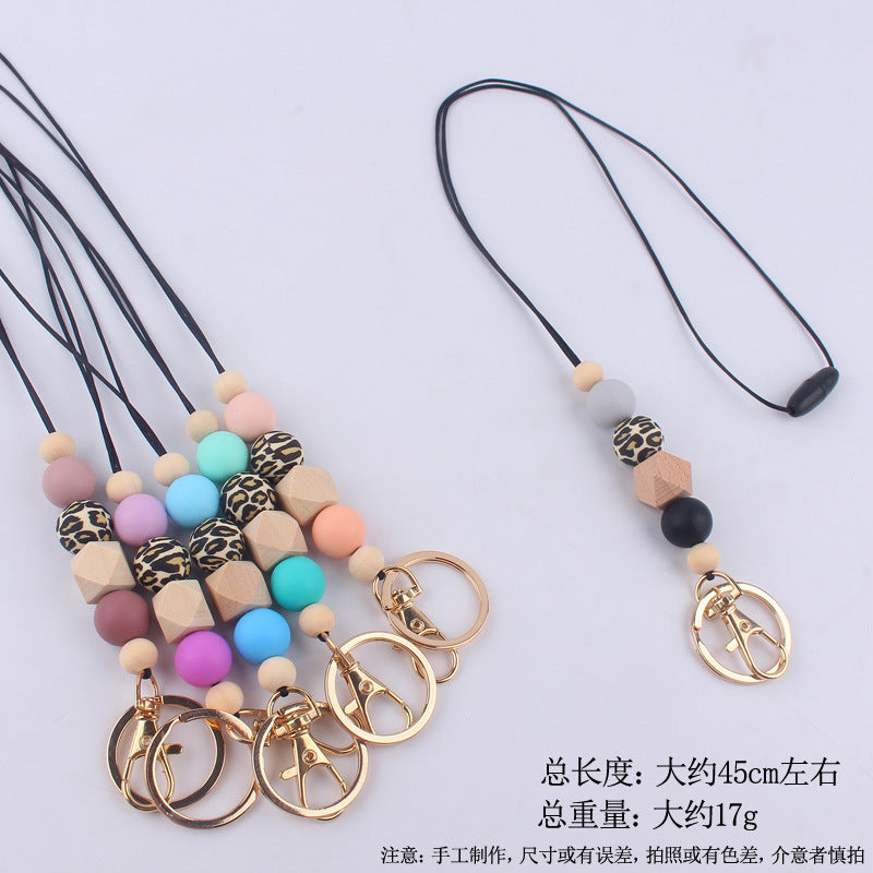 Wholesale Leopard Print Silicone Beaded Lanyard ID Keychain