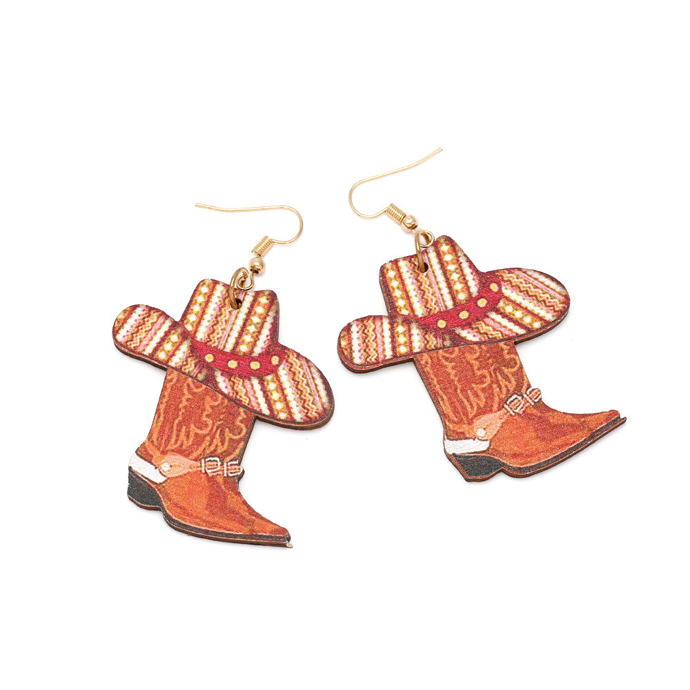 Wholesale Cowboy Hat Boots Wooden Earrings