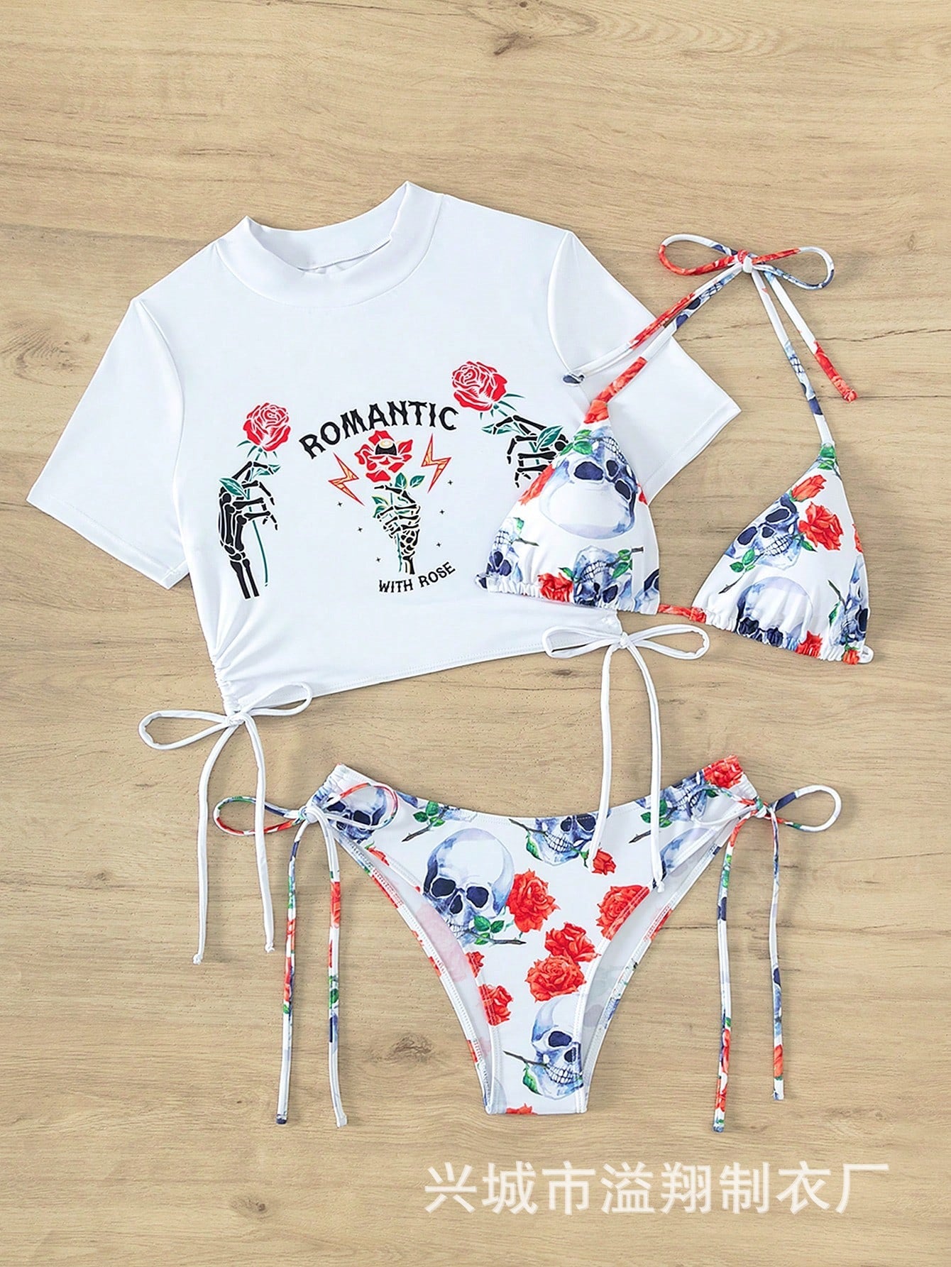 Wholesale Explosions Sexy Ladies Swimsuit Three-piece Set Rose Skull Fixed Edition Printing