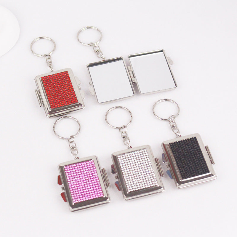Wholesale Metal Rectangular Mirror Keychain Outdoor Easy to Carry Diamond Mini Cosmetic Mirror Pendant