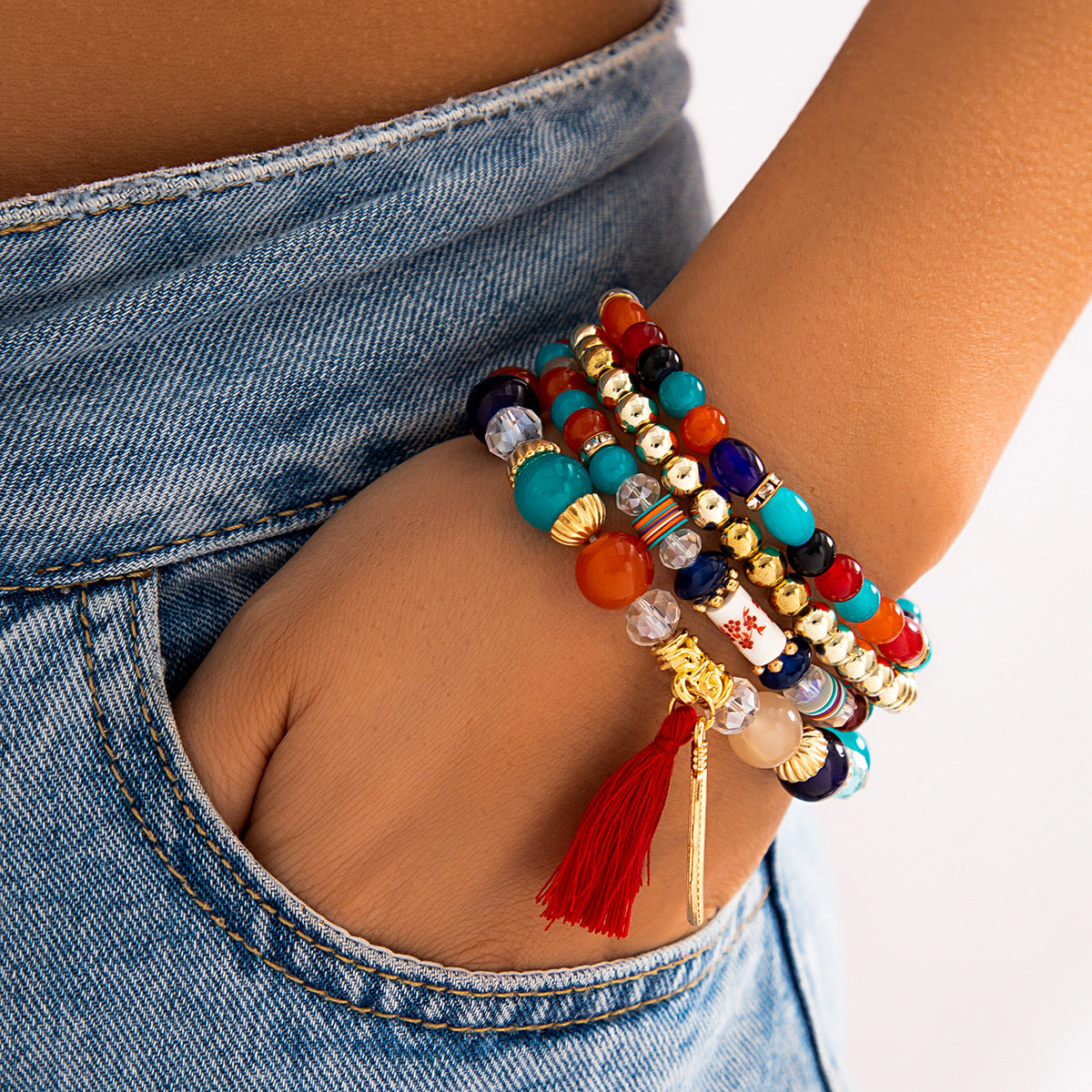 Wholesale Vintage Stacked Tassel Feather Bracelet Alloy Bracelet