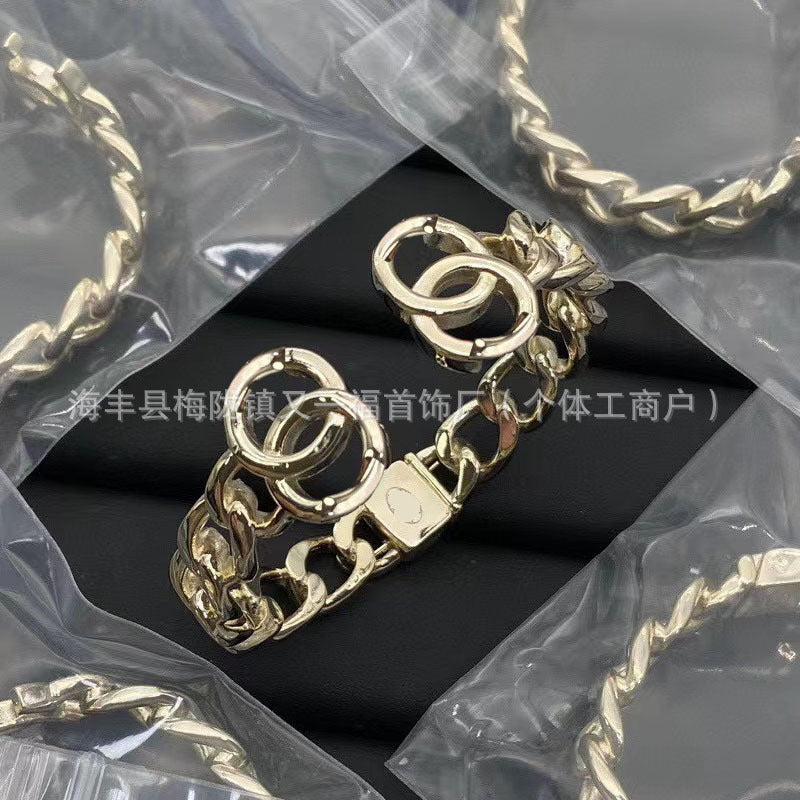 Wholesale New Double C Letter Diamond Piercing Leather Small Chanel Style Bracelet Retro Fashion All-match Bracelet