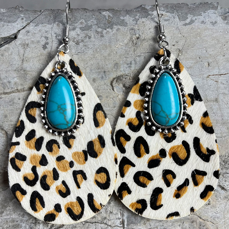 Wholesale Western Teardrop Turquoise Vintage Cow Pattern Leopard Print Earrings