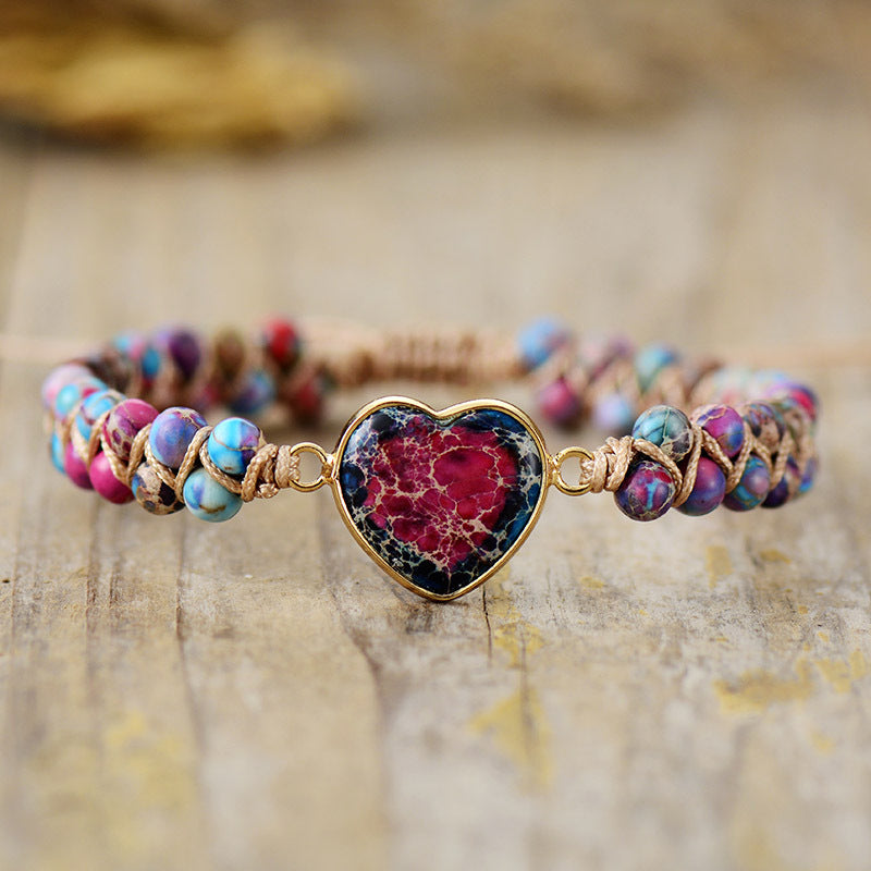 Wholesale Valentine's Day Emperor Stone Heart Double Layer Hand Woven Adjustable Bracelet