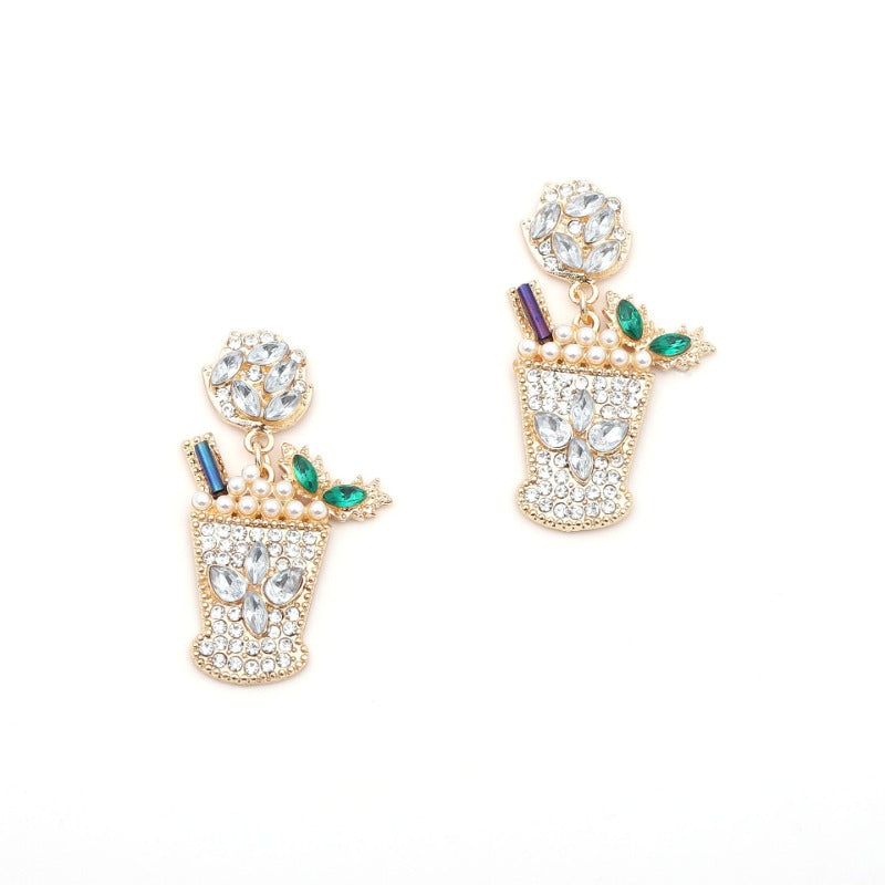 Wholesale Cold Drink Glass Shaped Pearl Studded Diamond Alloy Earrings
