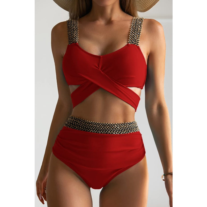 Wholesale Polyester Cross High Waisted Swimsuits with Belly Covering and Gold Wire Elastic Band Swimsuits