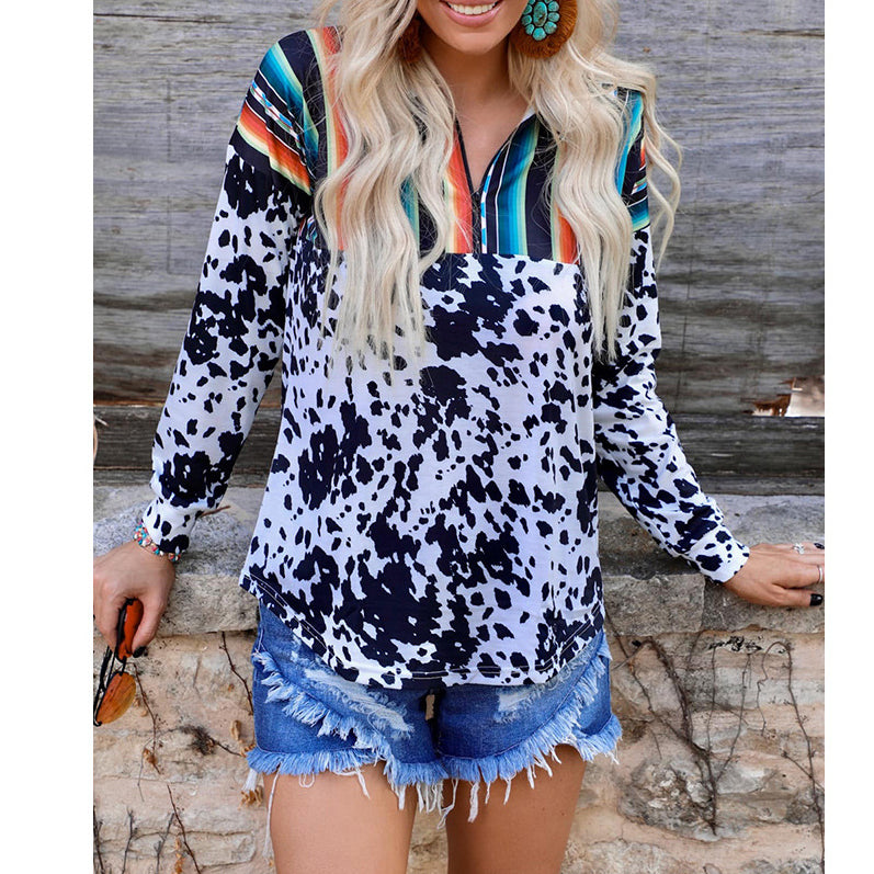 Wholesale Autumn and Winter New Cow Pattern Aztec Polyester Striped Sweater Loose Long Sleeved Rainbow Striped Pullover