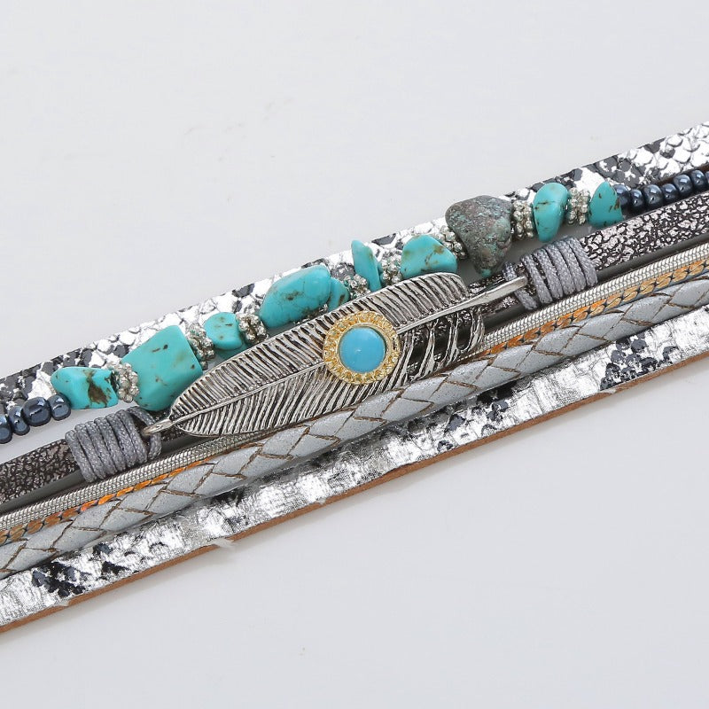 Wholesale Crystal Leather Braided Leather Vintage Bohemian Feather Turquoise Gravel Magnet Clasp Bracelet