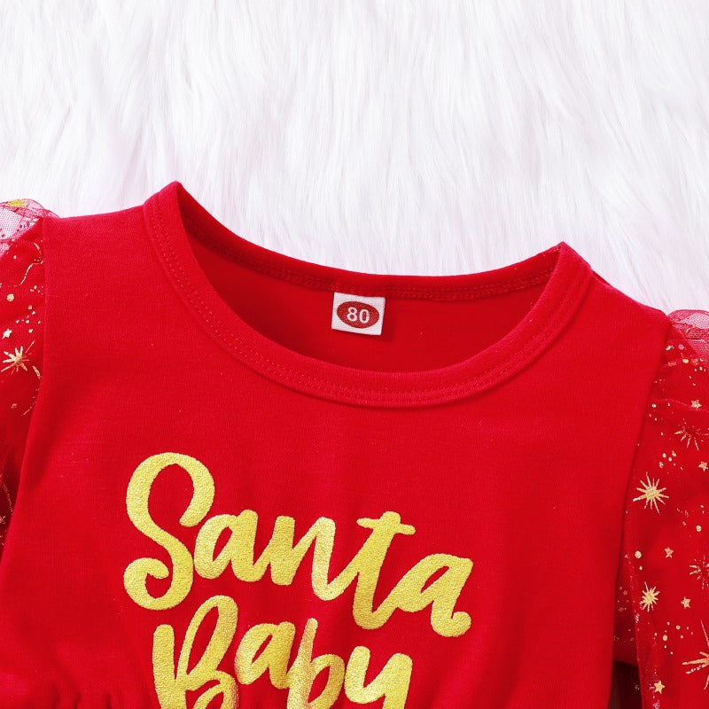 Wholesale Christmas English Hot Stamped Letter Printed Mesh Bubble Sleeves Baby Clothes