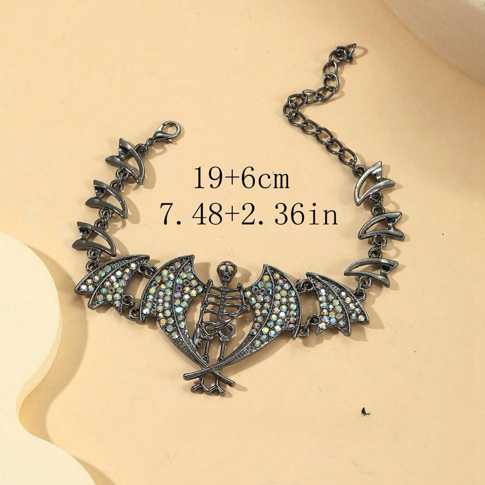 Wholesale Gothic Halloween Exaggerated Full Diamond Skull Bat Alloy Necklace