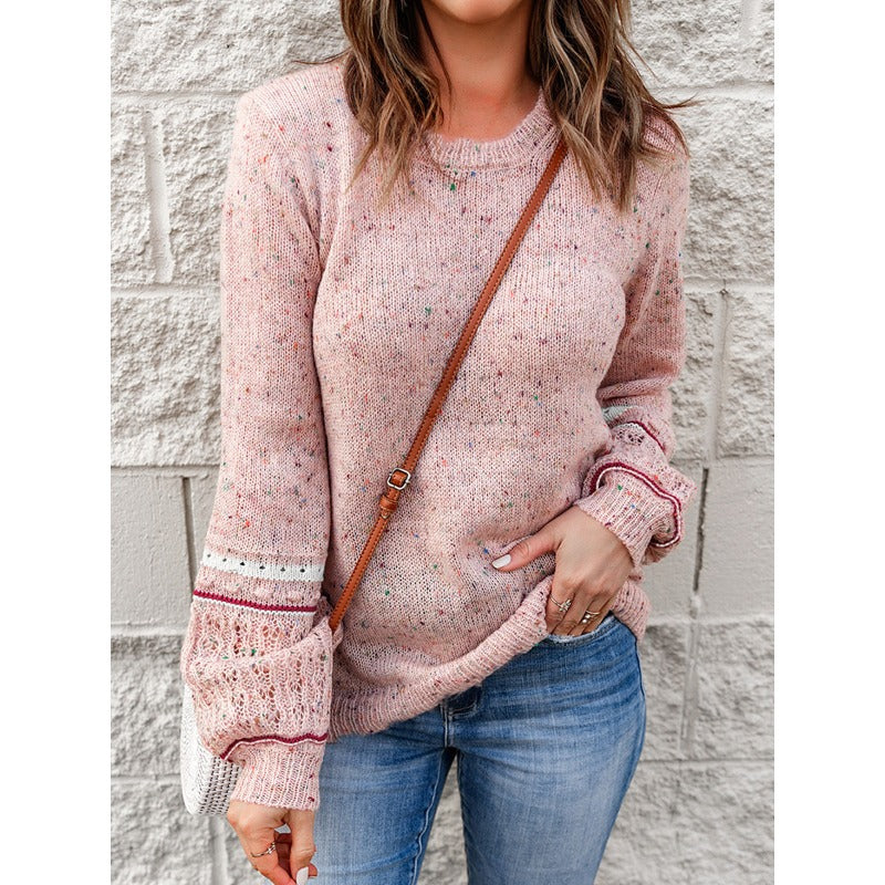 Wholesale Acrylic Round Neck Long Sleeved Hollowed Out Color Dot Blended Knitted Sweaters