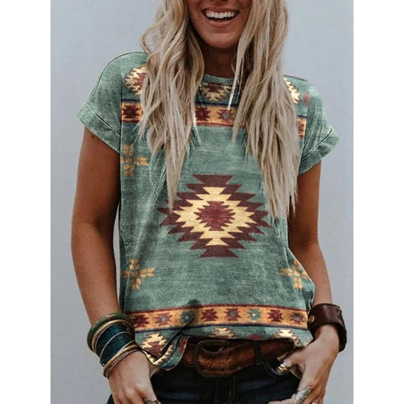 Wholesale Round Necked Polyester Western Style Printed Loose Fitting Women's T-shirts