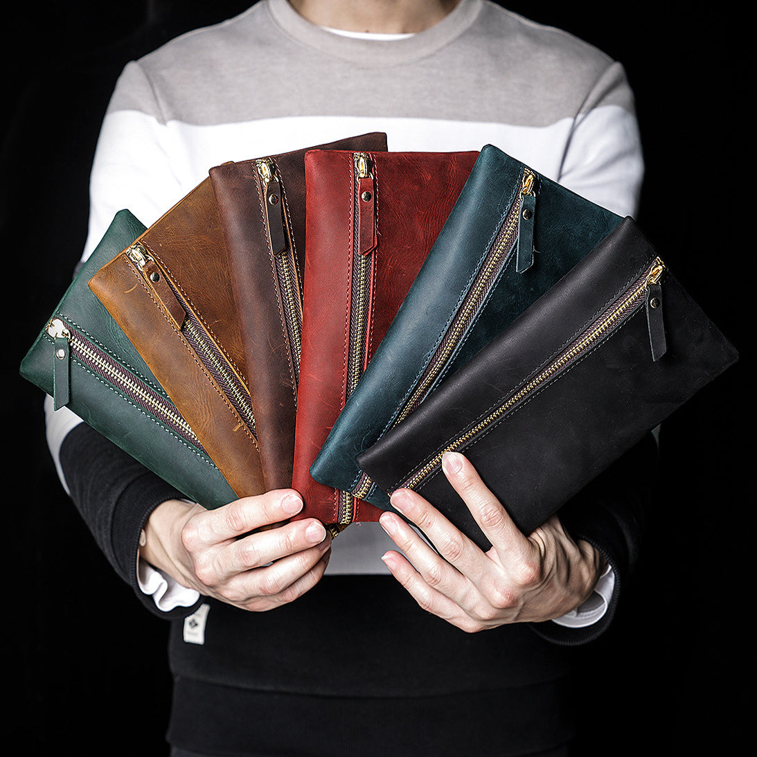 Wholesale Head Layer Cowhide Large -capacity Zipper Simple Portable Pen Bag