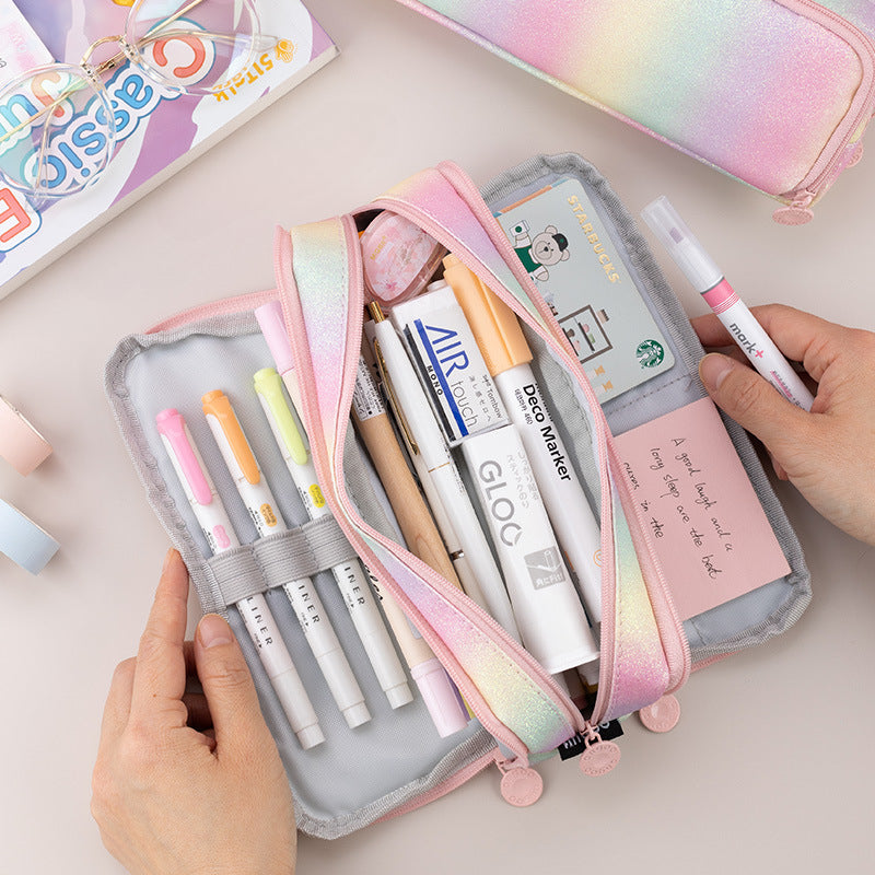 Wholesale Large Capacity Double Window Rainbow Multi-layer Leather Pencil Case