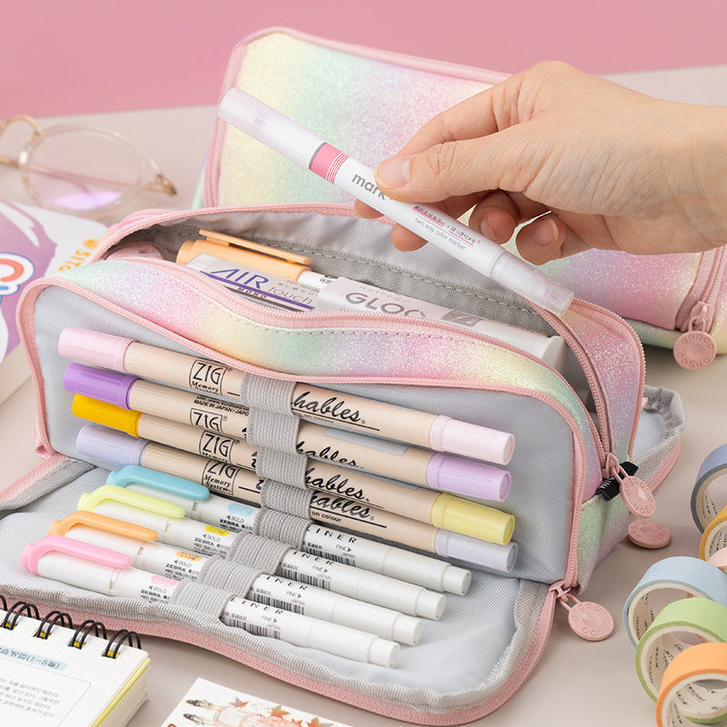 Wholesale Large Capacity Double Window Rainbow Multi-layer Leather Pencil Case