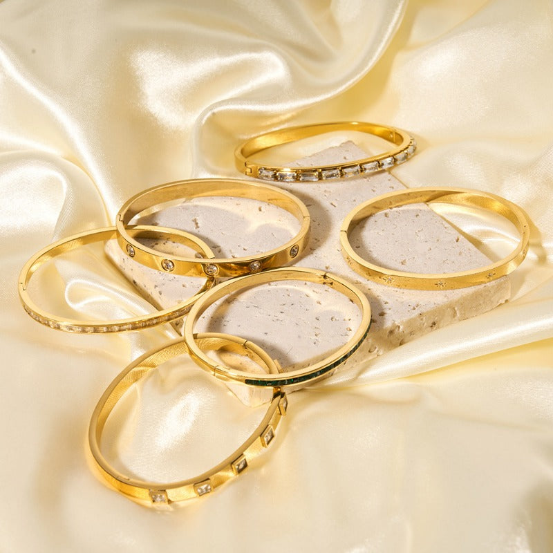 Wholesale Titanium Steel Inlaid Zircon Retro Wide Edge Full Diamond Plated 18K Real Gold Irregular Bracelet