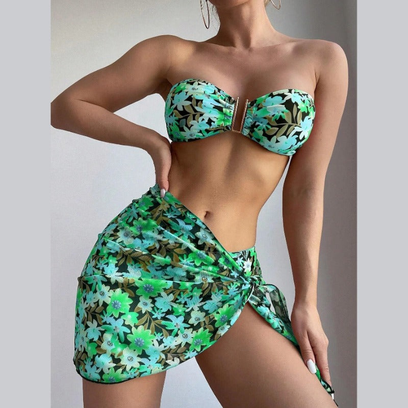 Wholesale Metal U-Shaped Three-Piece Printed Swimsuit