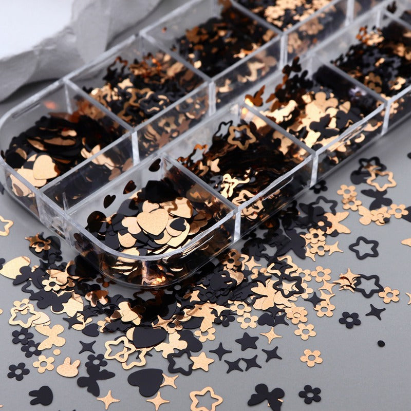 Wholesale 12-grid Box Black Gold Retro Series Nail Art Sequins Butterfly Love Star Rabbit Sweet Cool Nail Glitter Accessories