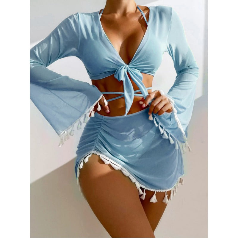 Wholesale Solid Color Tassel Blouse Mesh Skirt Four-piece Swimsuit