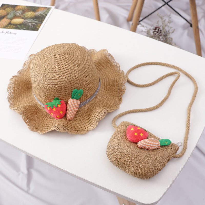 Venta al por mayor Straw Kids Wavy Sunshade Hat Bag Set