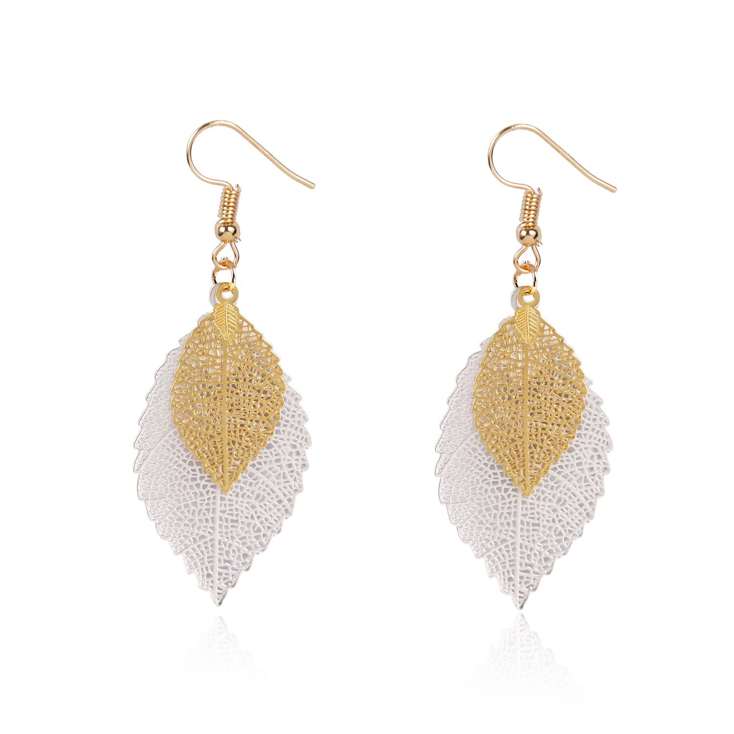 Wholesale Gold Double Hollow Leaf Alloy Earrings
