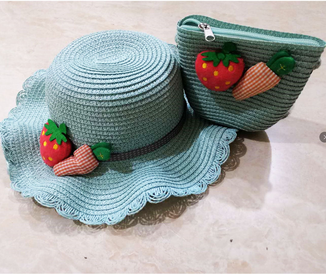 Venta al por mayor Straw Kids Wavy Sunshade Hat Bag Set