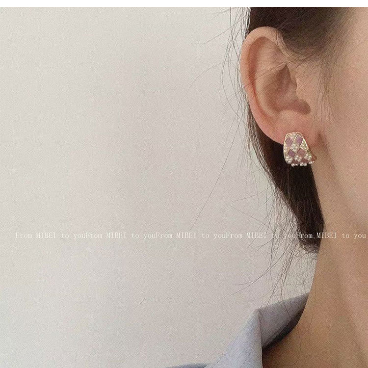 Wholesale Quicksand Pearl Purple Checkerboard Alloy Ear Studs