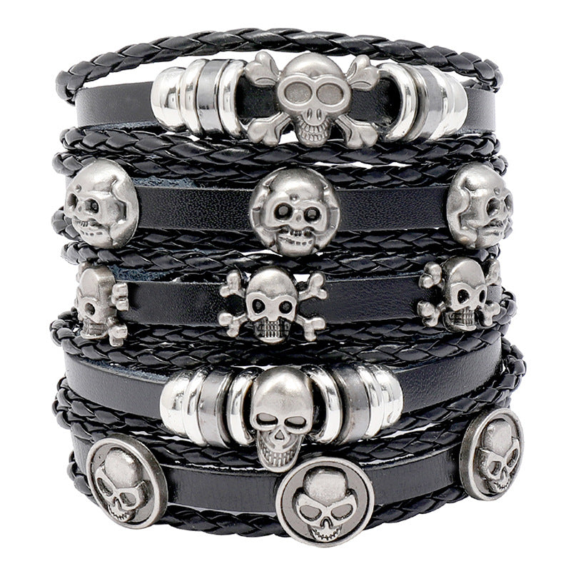 Wholesale Beaded Skull Halloween Leather Bracelet