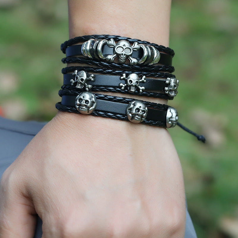 Wholesale Beaded Skull Halloween Leather Bracelet