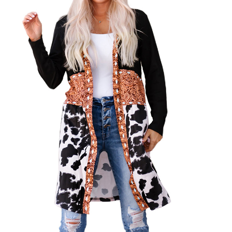 Wholesale Winter Polyester Cow Pattern Western Denim Patchwork Knitted Cardigan Mid Length Jacket