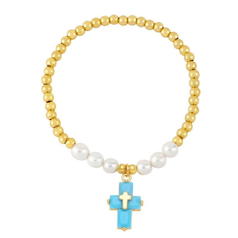 Wholesale Copper Plated Real Gold Cross Pendant Beaded Bracelet