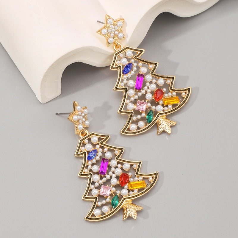 Wholesale Christmas Colored Diamond Pearl Christmas Tree Star Earrings