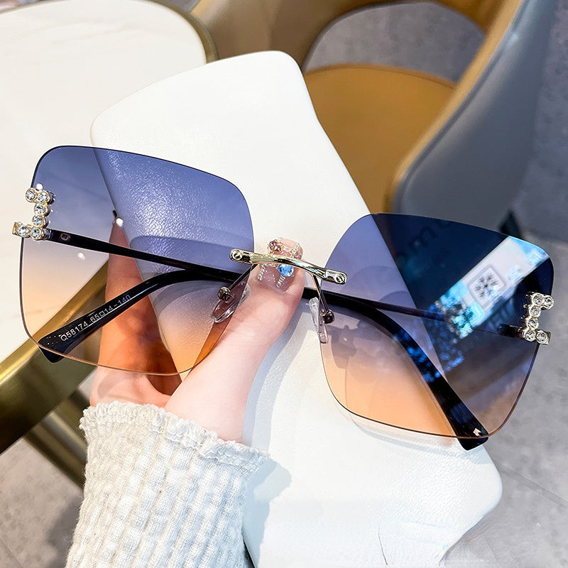 Wholesale PC Frameless Trimmed Diamond Square Large Frame Women's Sunglasses