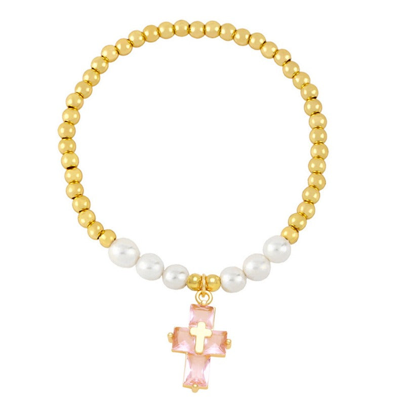 Wholesale Copper Plated Real Gold Cross Pendant Beaded Bracelet